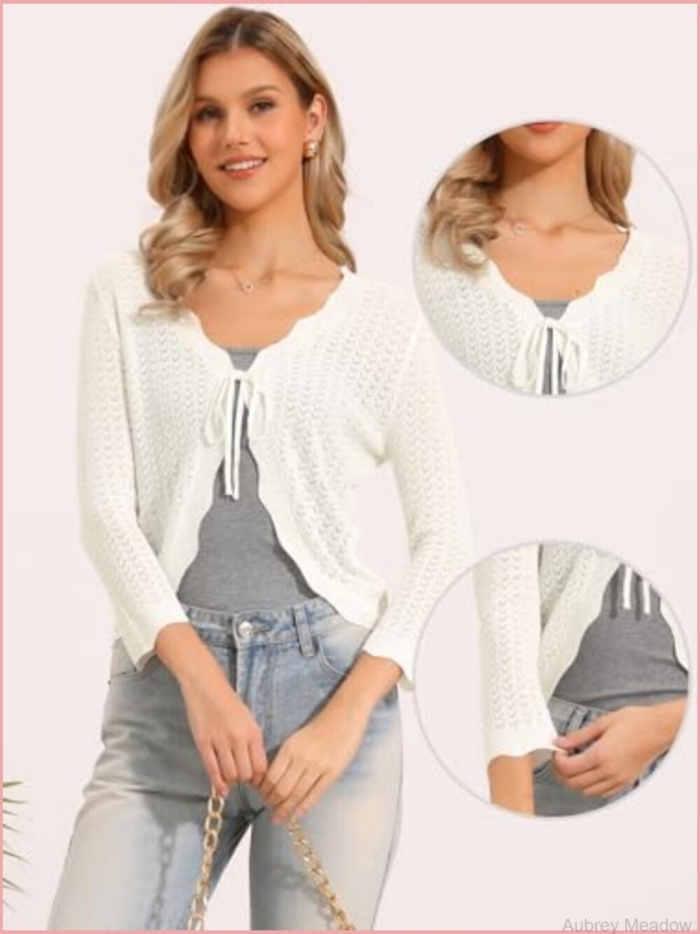 Crochet Tie Front Cardigan Bolero Shrug 3/4 Sleeve - Picture 4 of 7
